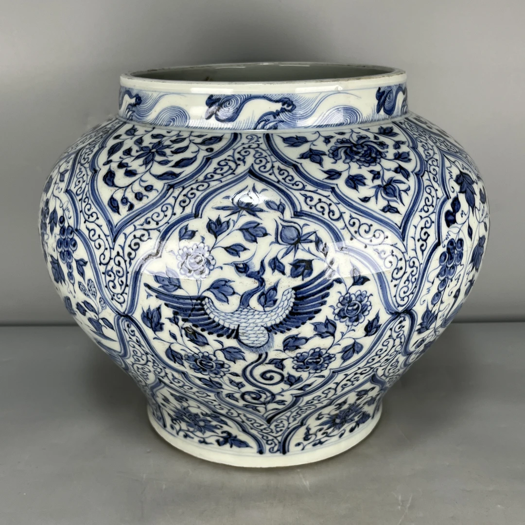 仿古瓷 仿古青花开光花卉瓜果凤纹罐