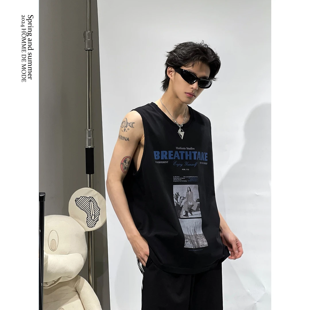 鸡哥哥 24S/S  破坏做旧款休闲运动跨栏背心全棉无袖T