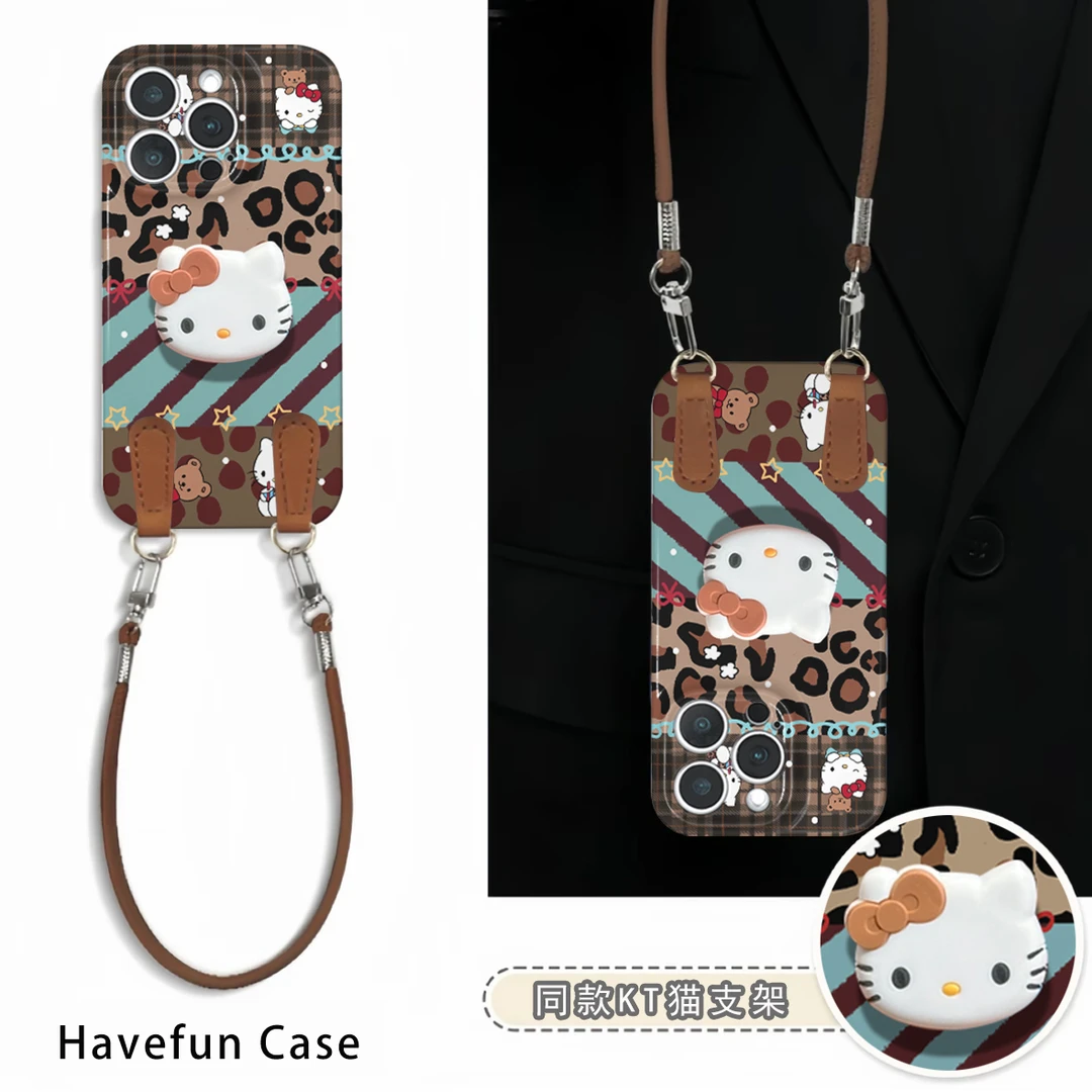 复古条纹kitty挂绳适用苹果16手机壳iPhone15华为P70vivo小米oppo