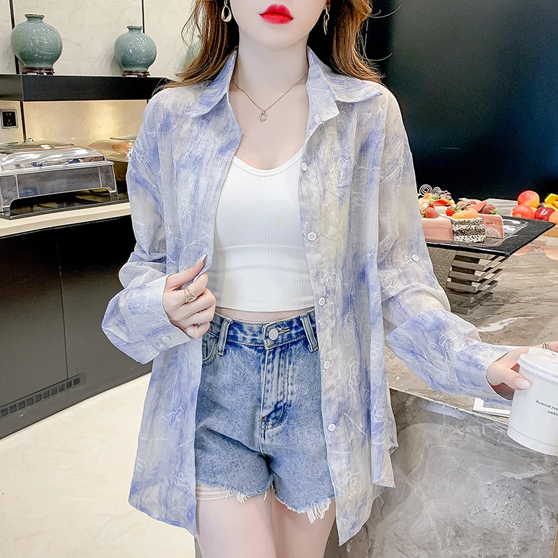 扎染长袖防晒衬衫女春夏2025新款宽松休闲衬衣设计感薄款开衫上衣
