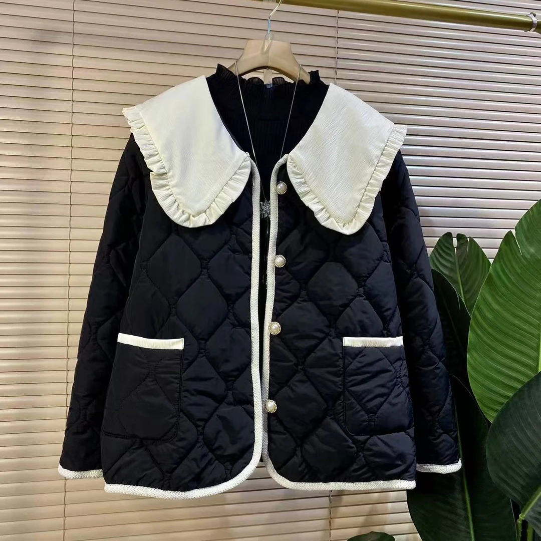 H-24256胖mm欧货时尚新款甜美娃娃领拼接宽松显瘦棉服外套