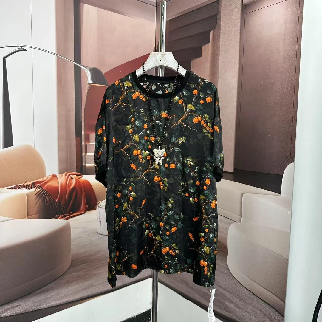 海棠花显瘦夏2025新款宽松时尚洋气百搭印花珍珠纱打底上衣T恤