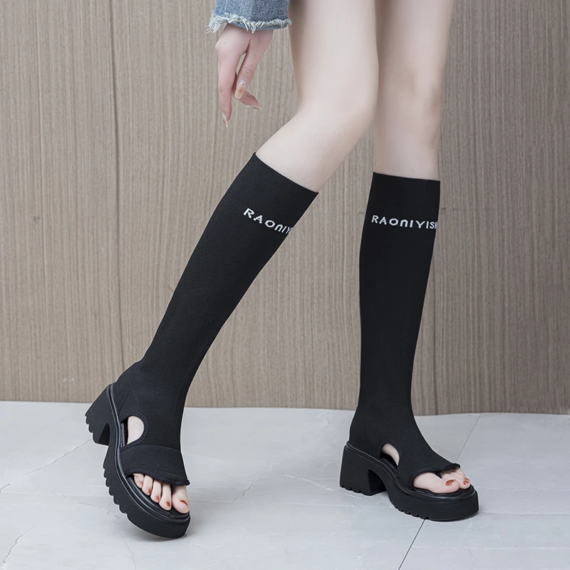 时尚针织弹力显瘦长筒靴女春夏粗跟厚底网红字母夹趾透气高筒凉靴