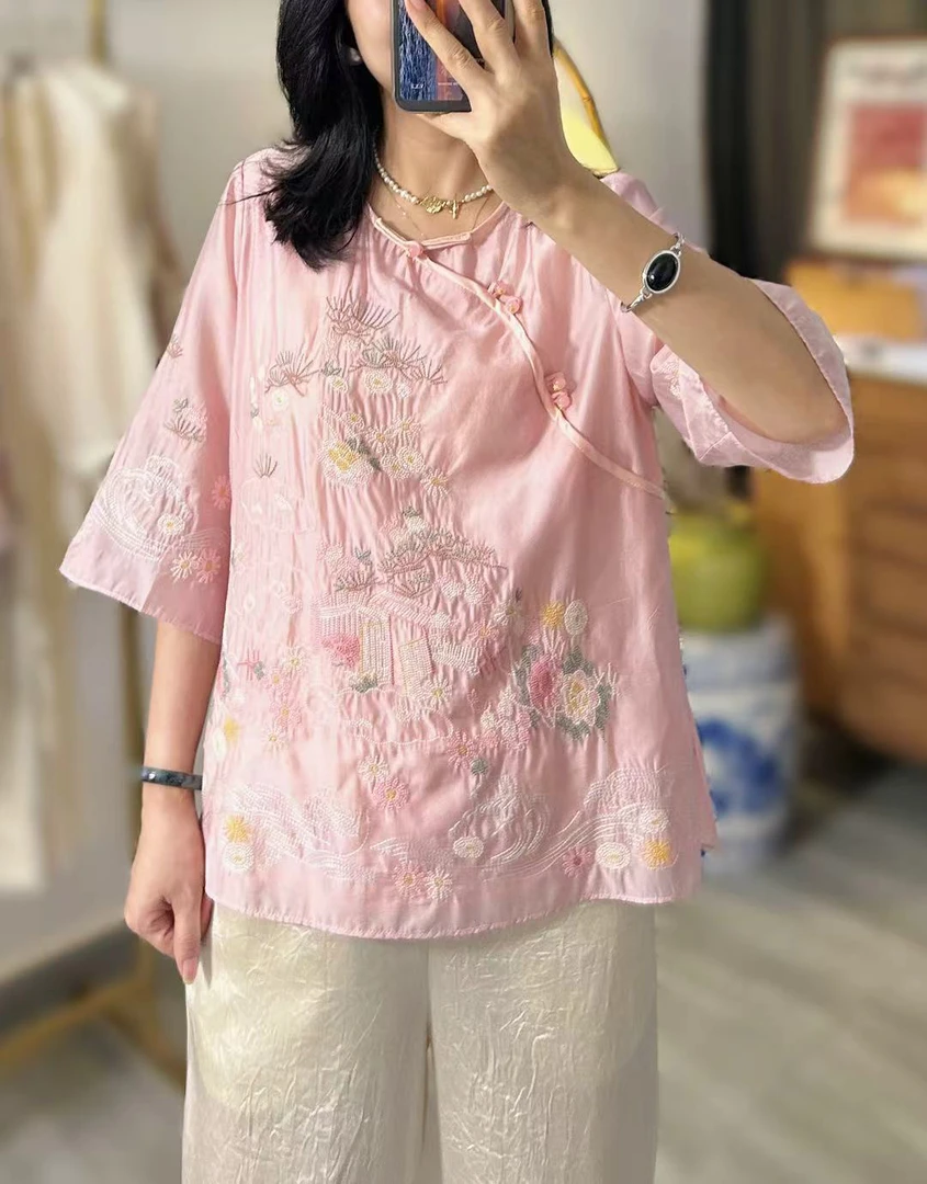 天丝刺绣中袖小衫