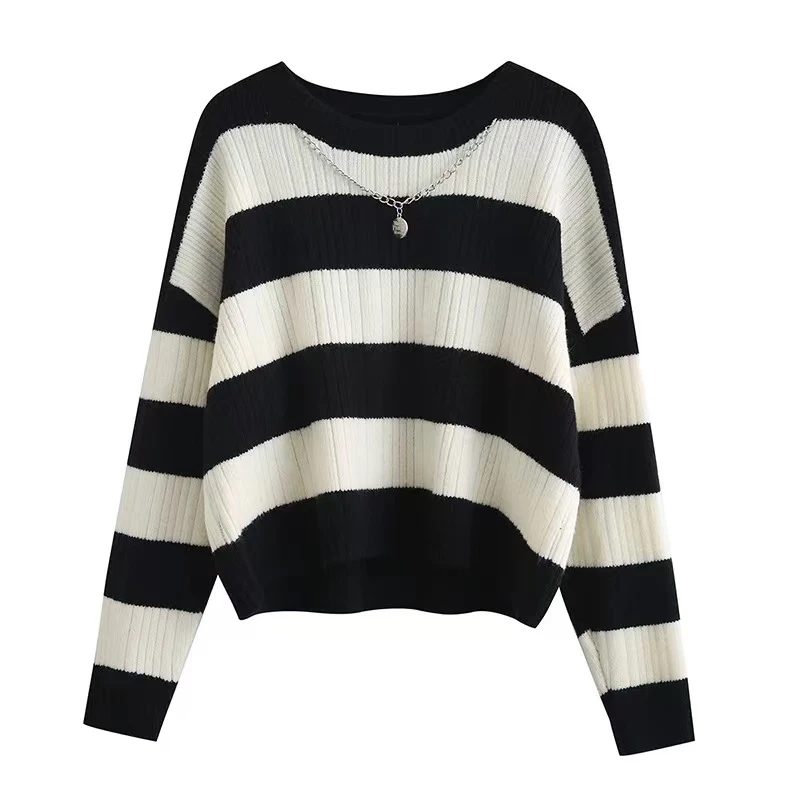 -1035 秋季条纹毛衣女宽松长袖针织衫慵懒风套头上衣