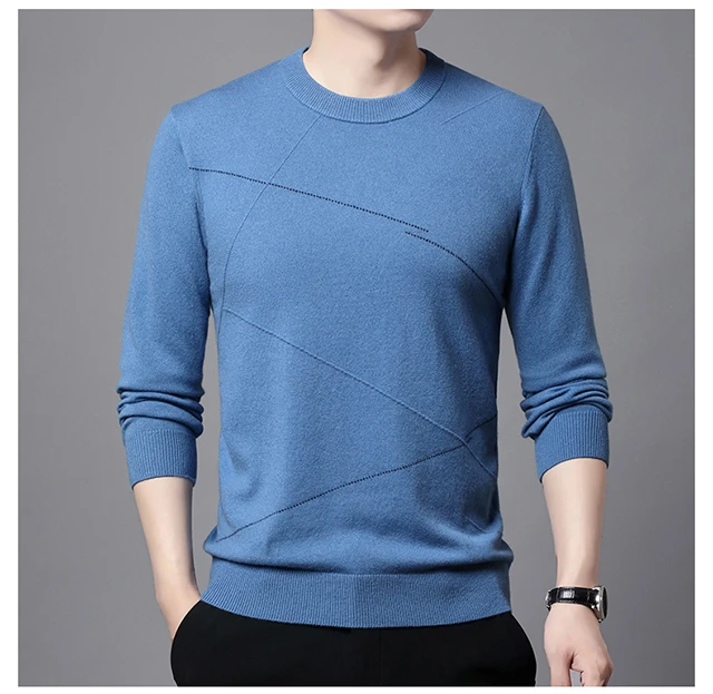 100山羊绒男士新款冬季圆领羊绒衫蓝色条纹