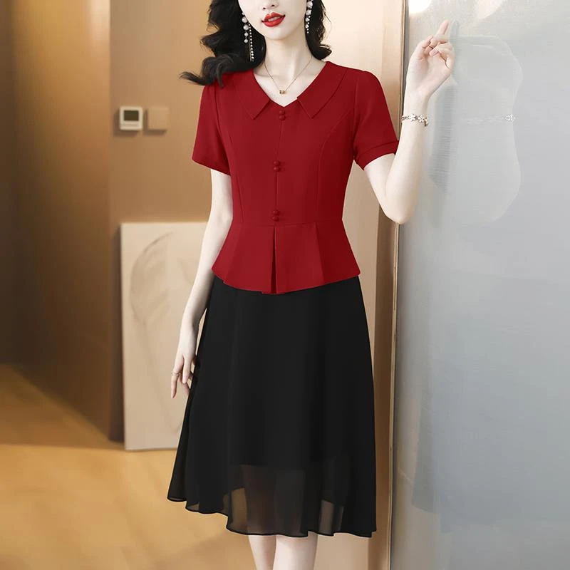 短袖假两件连衣裙女2025夏季新款妈妈装气质遮肚显瘦减龄洋气裙子