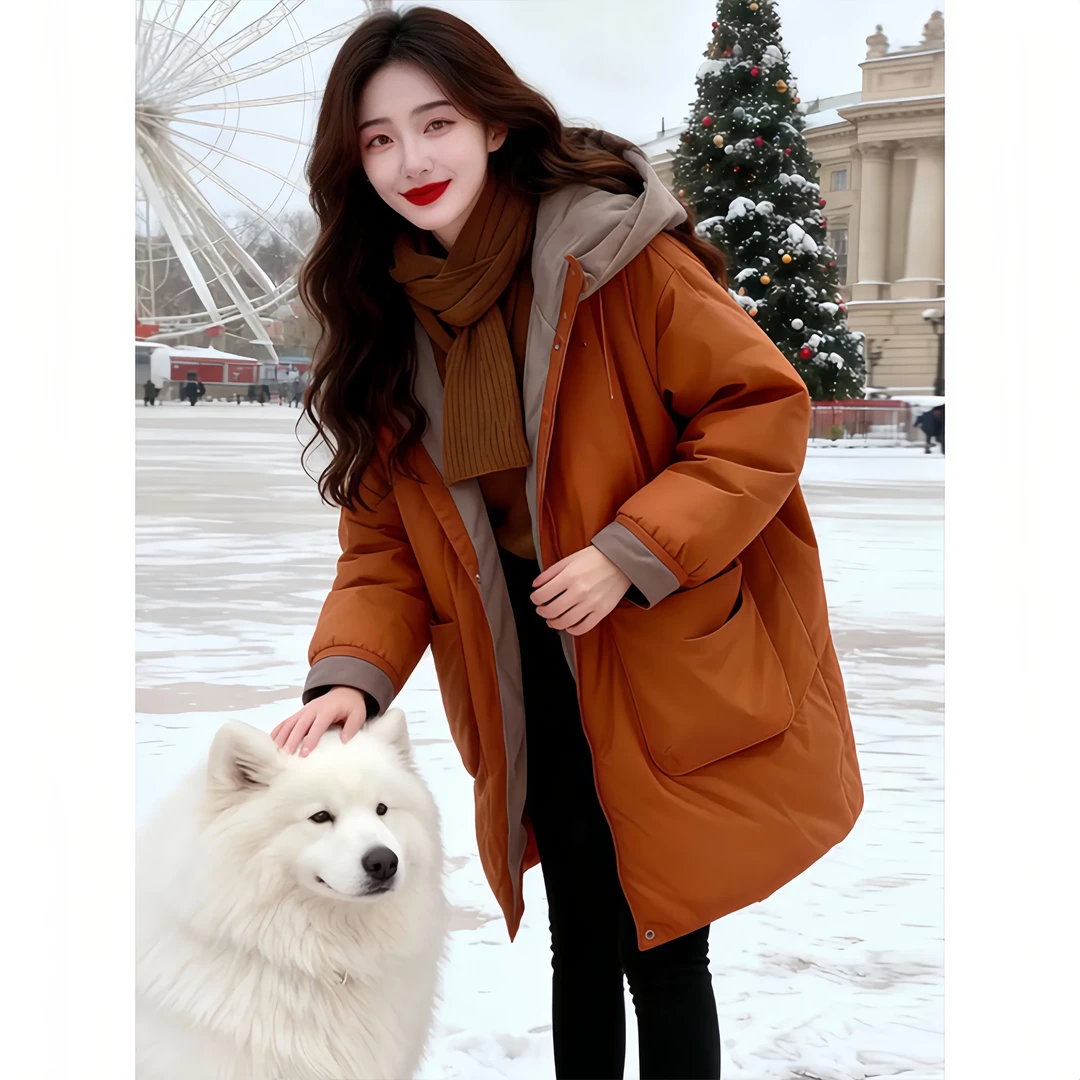 SHALLDOER【老钱街区】两面穿中长款连帽棉服女冬款韩式保暖厚外套