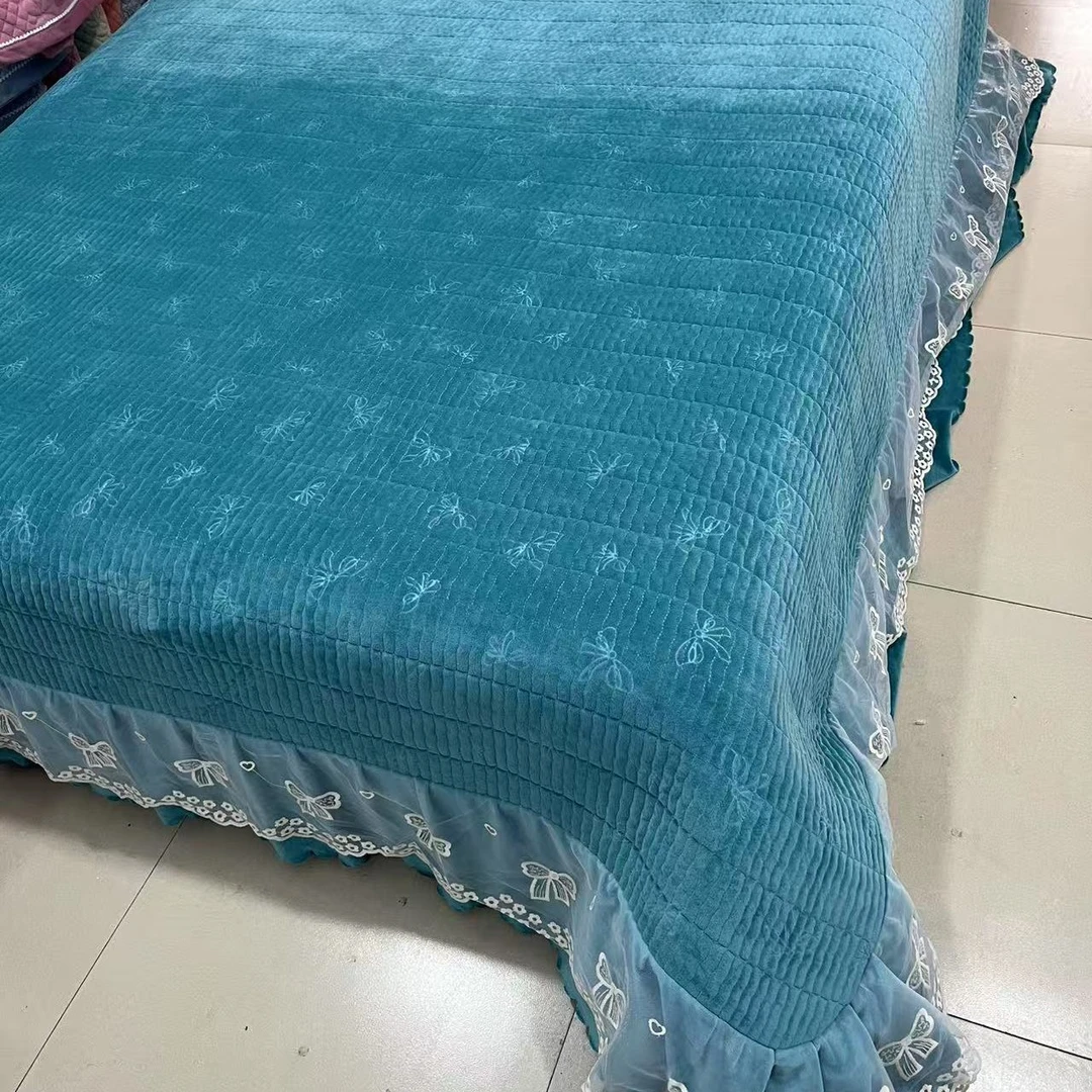 冬季宝宝绒花边款绗缝亲肤冬季加绒防滑床盖防滑炕盖枕套花边