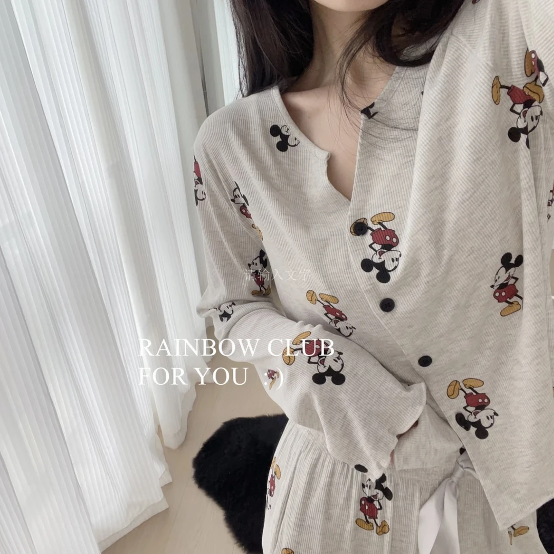 卡通可爱米奇亲肤螺纹代尔棉开衫带胸垫长袖长裤春秋季家居服套装