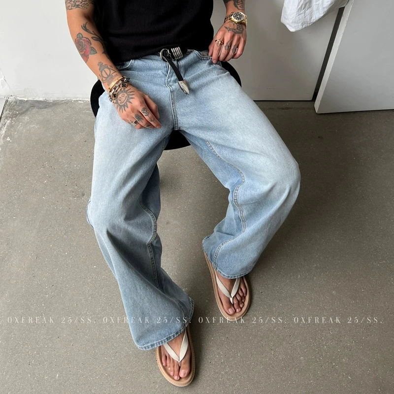 OXFREAK「自然水洗褪色」cleanfit冰蓝色牛仔裤男宽松阔腿A字裤子