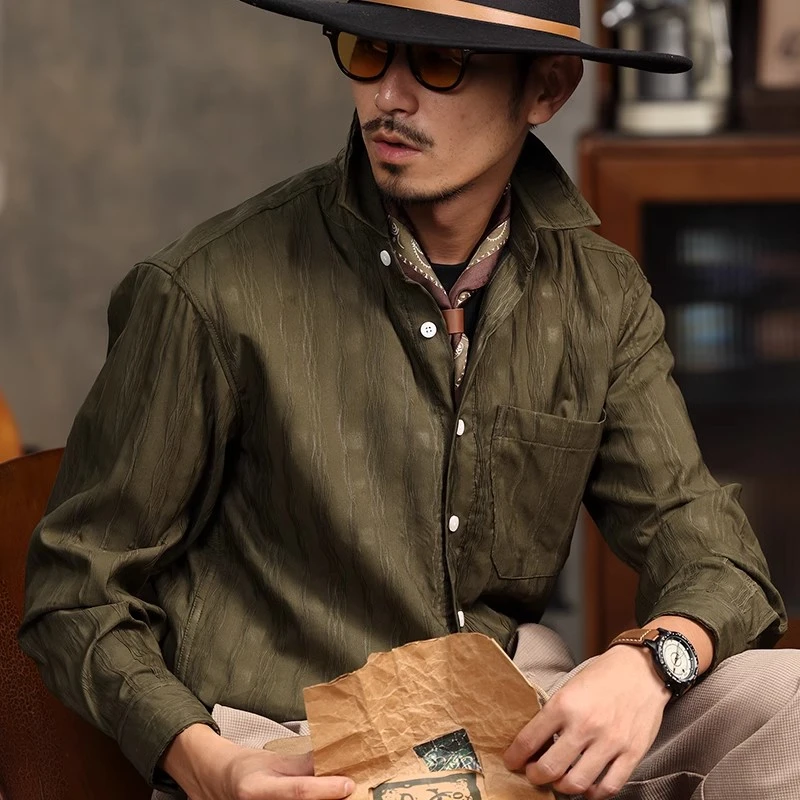 美式复古轻奢竖纹衬衫男2025春季新款宽松痞帅印花长袖休闲衬衣潮