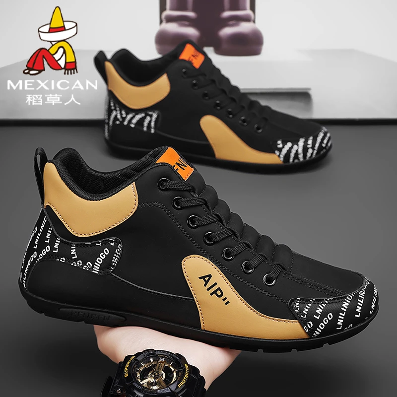 稻草人男鞋2025新款秋冬季高帮休闲板鞋百搭男士防滑黑色工装潮鞋
