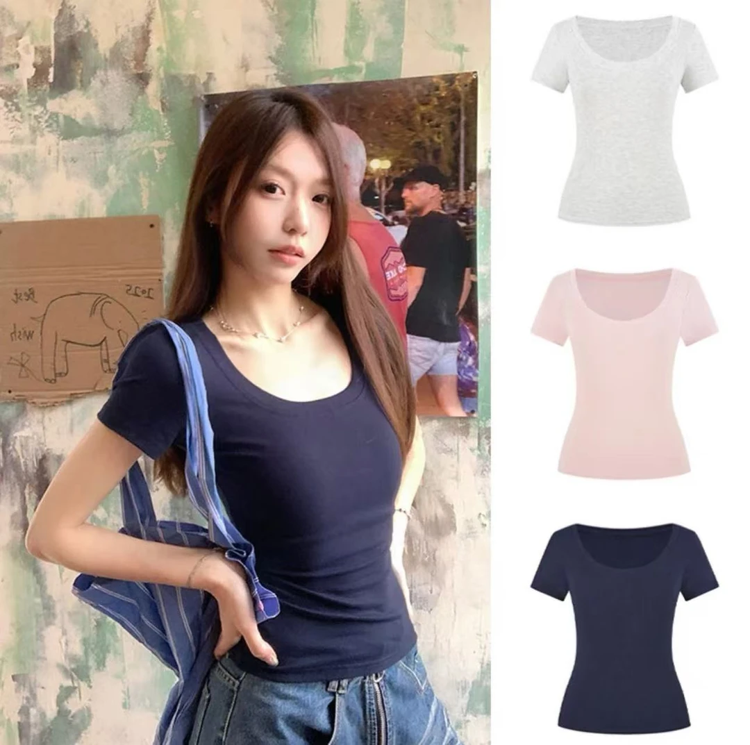 2025夏季彩虹T新款U领洋气百搭修身显瘦韩版短袖T恤女纯欲上衣女.