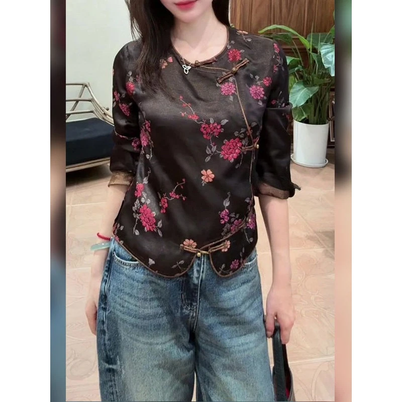 新中式国风圆领独特印花长袖女2025年秋季新款气质显瘦减龄上衣女