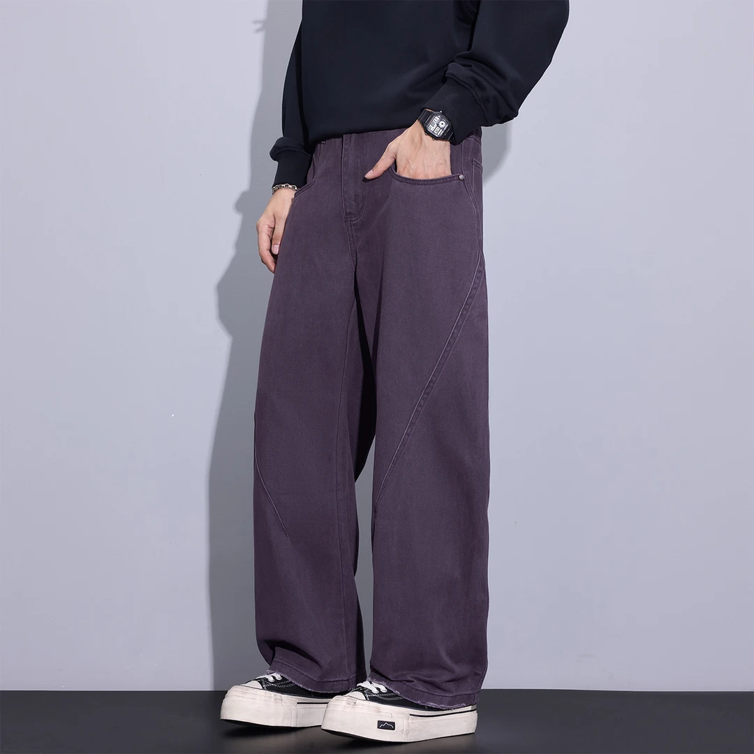 Kuvine2025秋季新款宽松直筒潮流百搭纯棉美式休闲牛仔弯刀裤男士
