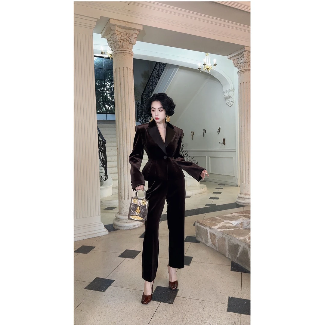 LYXJ【夏帕瑞杂志】套装2005春款高腰线设计感丝绒气质时尚套装