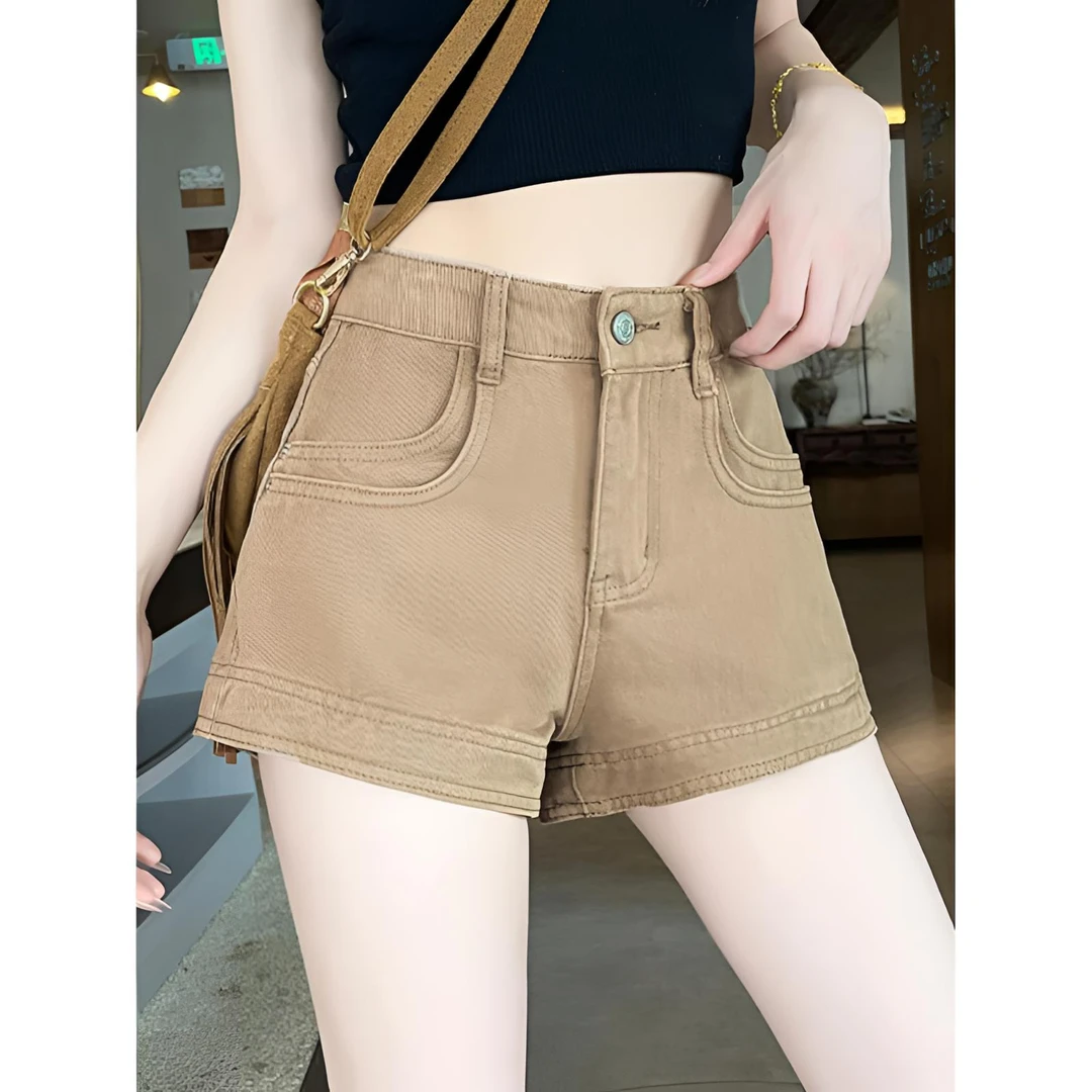 夏季牛仔短裙女高腰裙裤辣妹工装防走光卡其棕色裤裙小个子短裤子