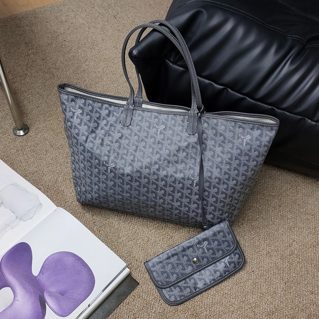 95新 Goyard Azul-灰色老花帆布tote中号托特包/43700