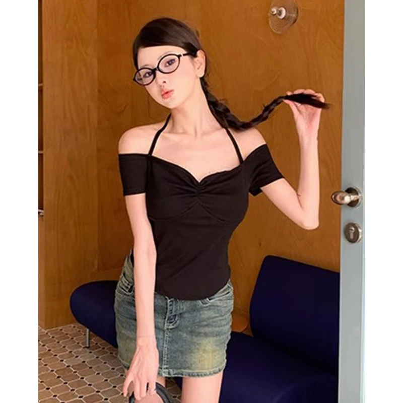 翰代维纯欲风性感挂脖一字肩短袖T恤女夏季新款辣妹露肩短款上衣