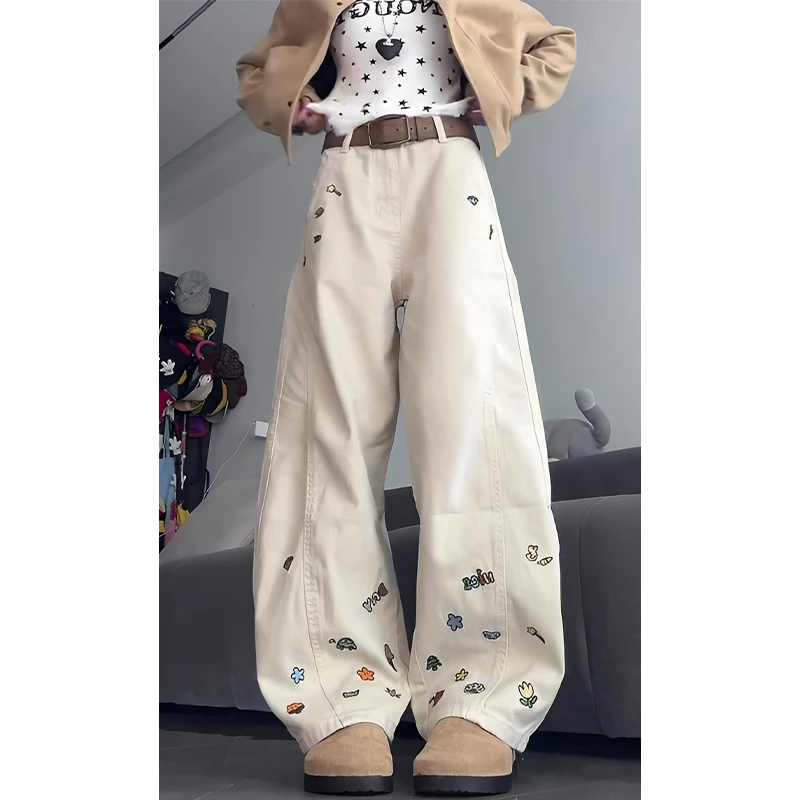 美式复古刺绣弯刀工装牛仔裤女秋季2025新款低腰宽松阔腿镰刀裤子