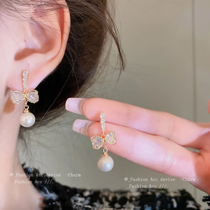 铜合金锆石耳饰 2025银针锆石珍珠耳钉 韩式蝴蝶结个性时尚耳环