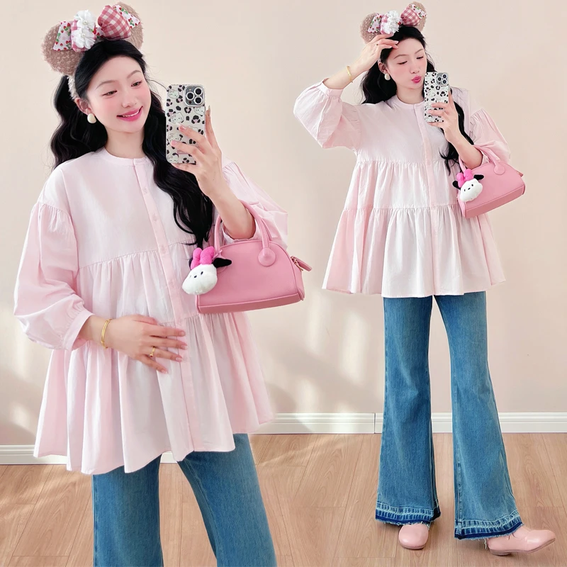 孕妇春季娃娃衫2025新款春秋时尚洋气粉色衬衫百搭宽松遮孕肚上衣