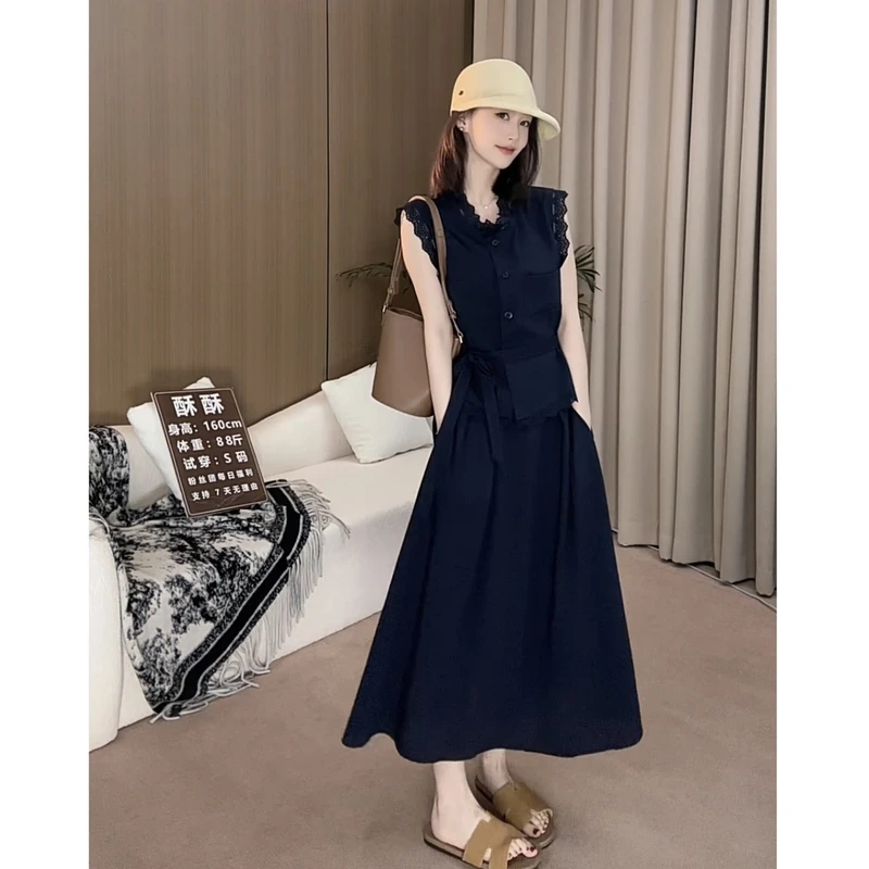 HD1夏季新款时尚气质显瘦收腰法式腰带三件套连衣裙套装减龄