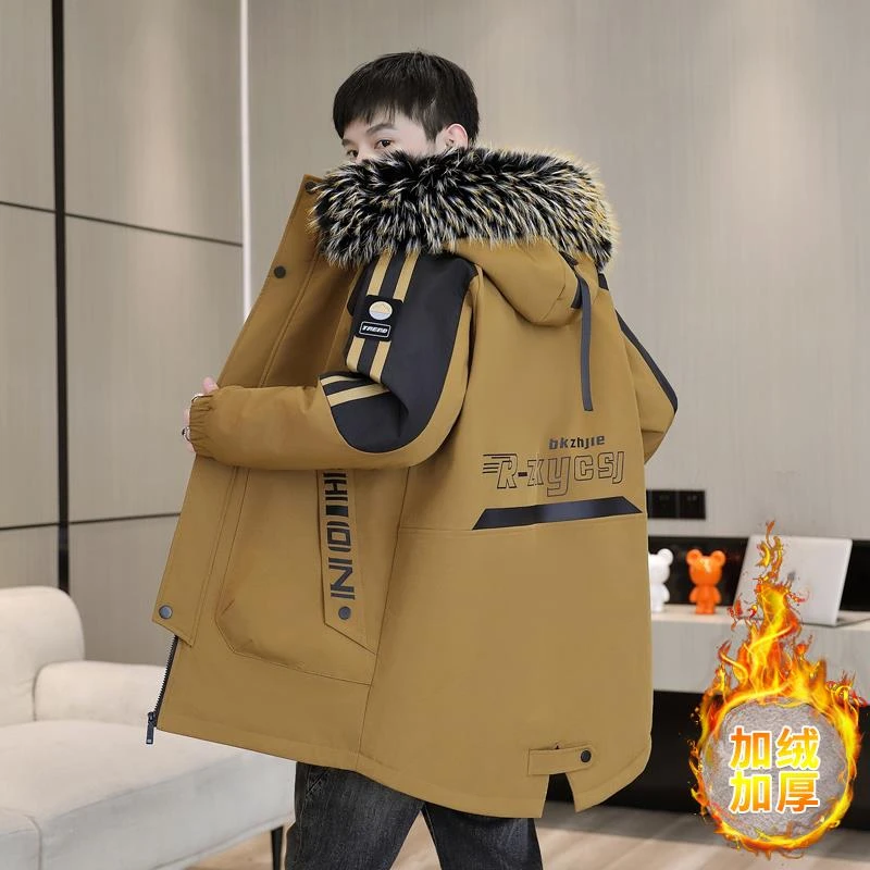 秋冬青少年加绒加厚夹克中学生连帽外套时尚帅气中长款男孩服潮