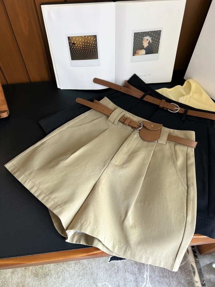 2025年夏季新款韩版气质简约水洗棉百搭休闲短裤高腰宽松阔腿裤女