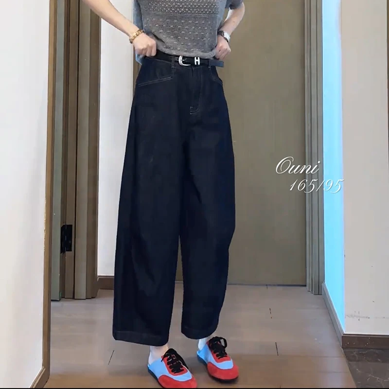 原创自制薄款牛仔裤子女宽松阔腿裤夏季大码直筒裤高腰显瘦九分裤