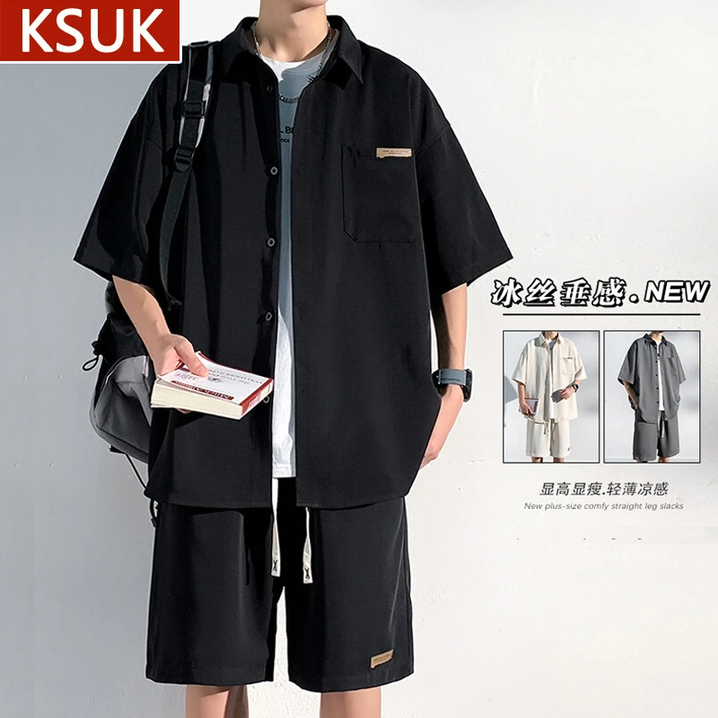 KSUK夏季高级感冰丝套装男士潮牌痞帅凉感宽松短袖衬衫短裤两件套