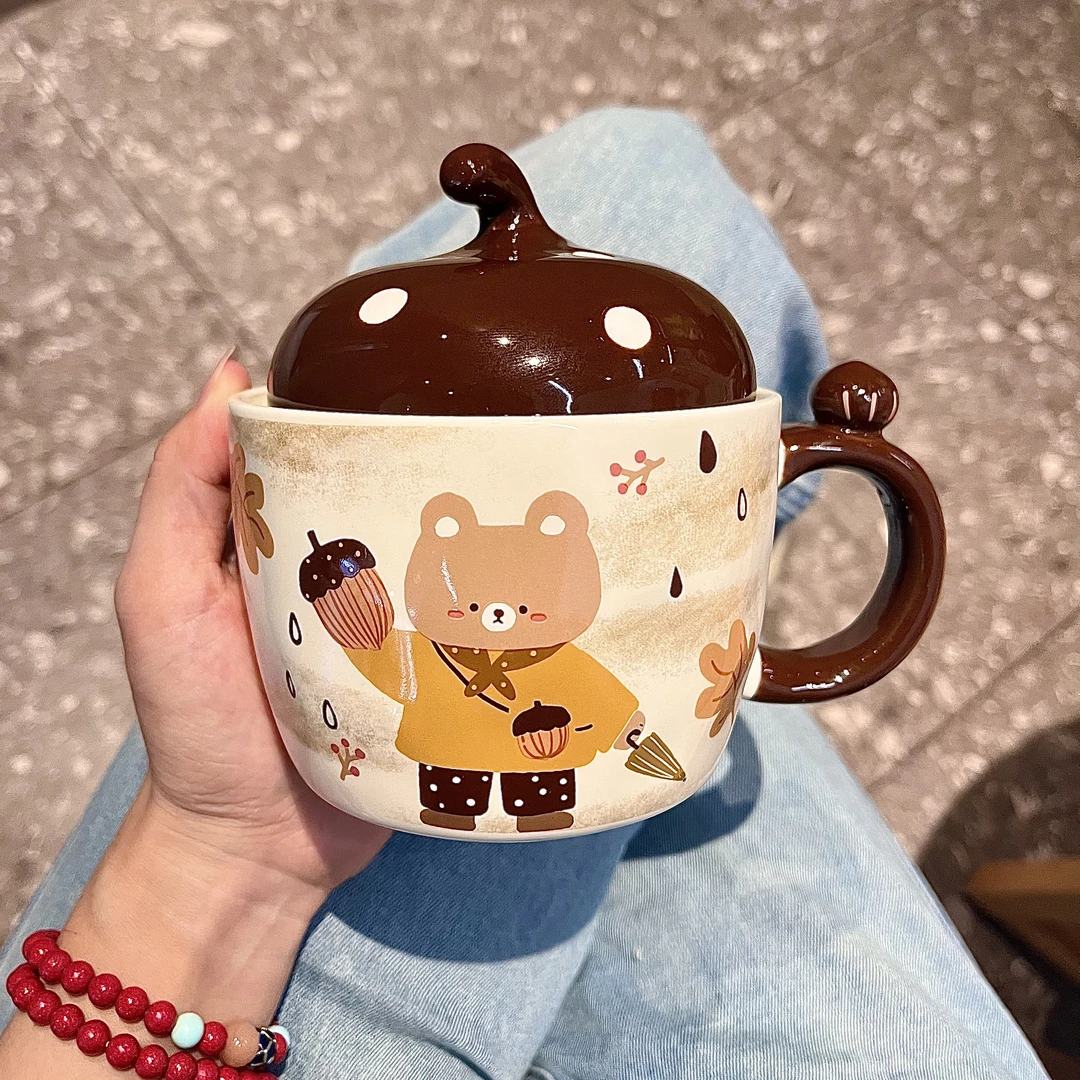 复古蘑菇小熊马克杯带盖高颜值陶瓷水杯大容量杯子伴手礼品送女生