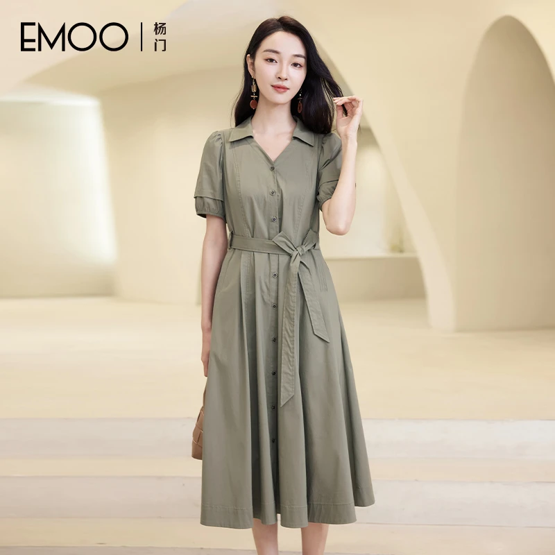 EMOO/杨门V领连衣裙显瘦夏季系带宽松复古连衣裙女装E24L023485