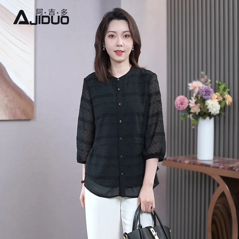 阿吉多A21328黑色衬衫春夏新款复古气质提花小衫高级漂亮大码上衣
