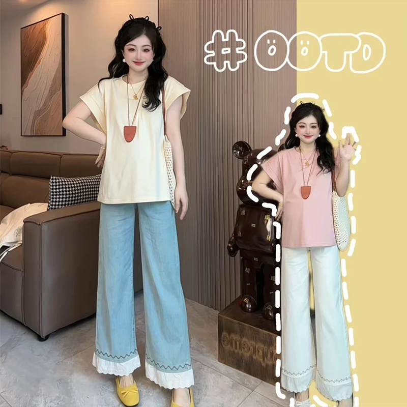 孕妇裤蕾丝花边牛仔裤阔腿裤百搭宽松显瘦直筒裤夏季新款