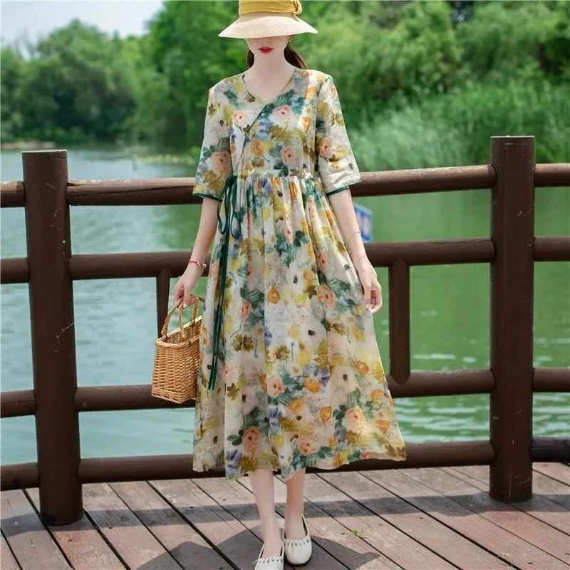 6611#文艺碎花棉麻连衣裙女中长款v领夏新款宽松显瘦气质长裙子