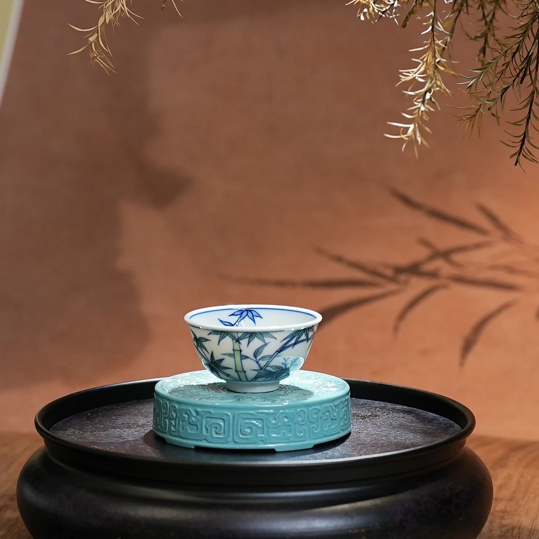 古彩云霞丨斗彩竹纹牛眼杯20ML景德镇陶瓷茶杯品茗杯主人杯茶具