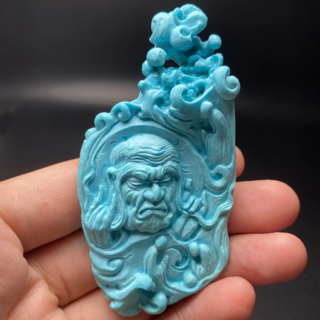 绿松石吊坠天然原矿高瓷蓝绿松石吊坠达摩雕件 42.5克 40*77*14
