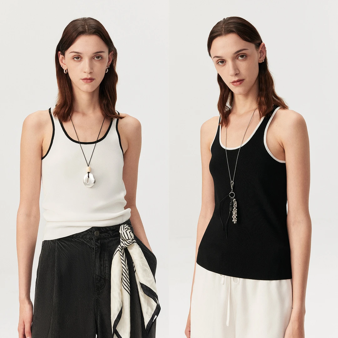 MARIUS"泡泡糖"细支高弹时髦纸片人慵懒大勺领撞色工字背心