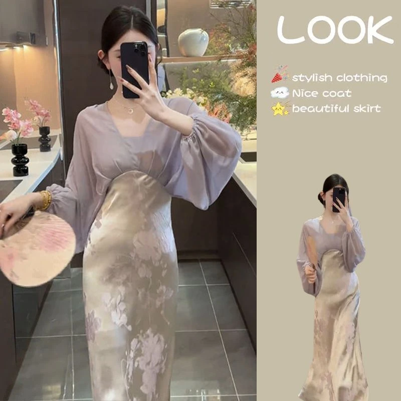 提花紫色假两件气质连衣裙2025夏季新款春夏高端轻奢长裙裙子女装