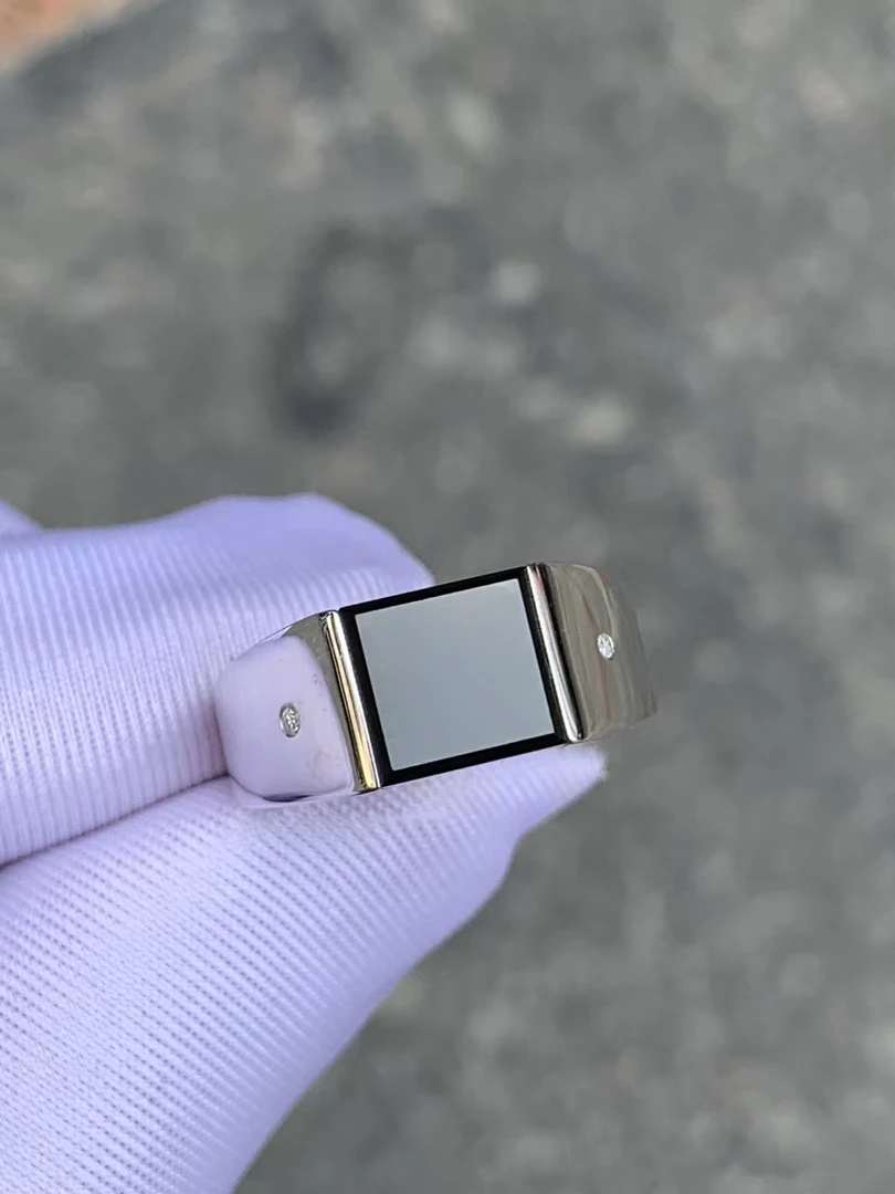 18k白金镶嵌墨翠方形男戒黑度极黑油亮打灯种老色辣