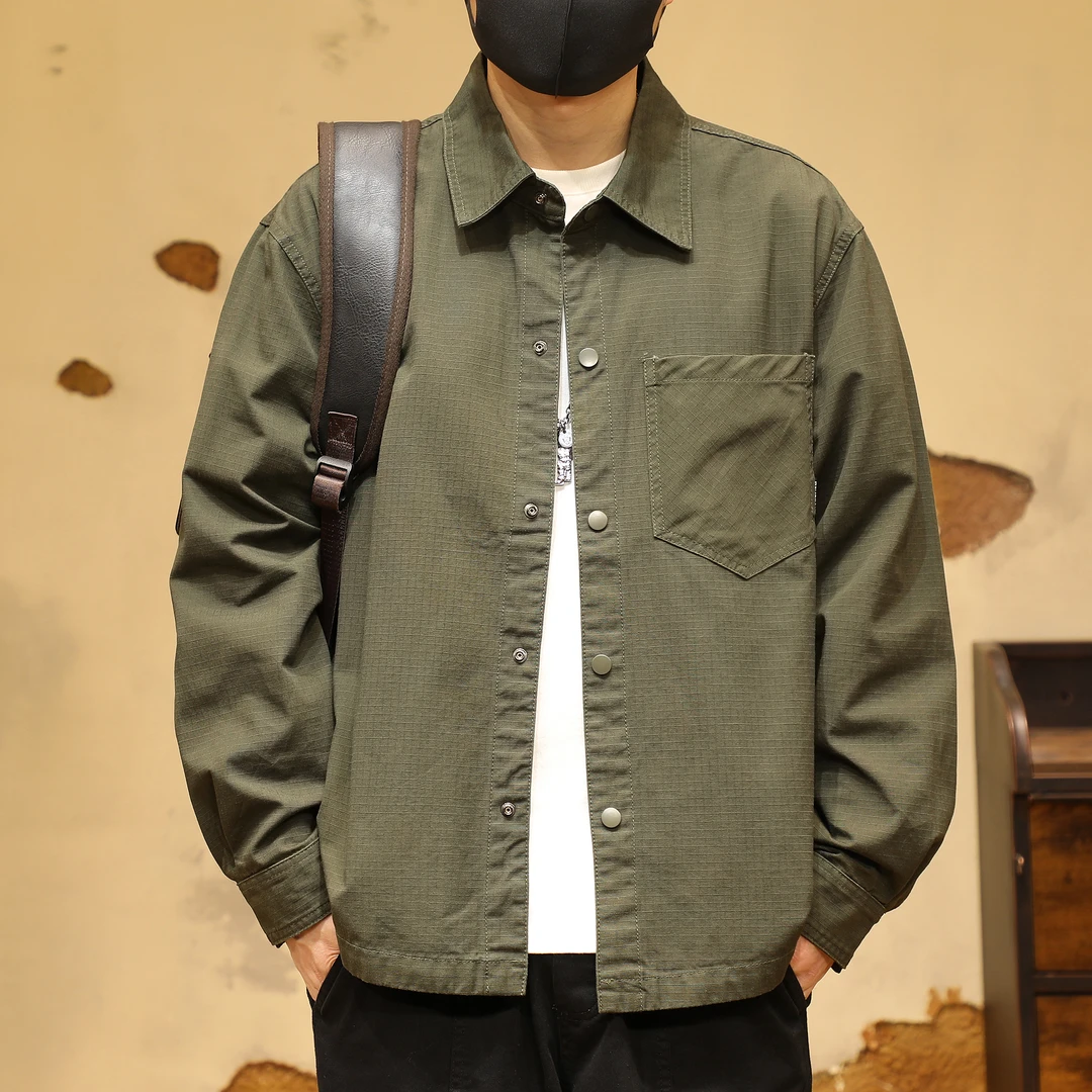 高级感上衣长袖衬衫男春秋季新款美式复古男士衬衣宽松纯棉外套潮