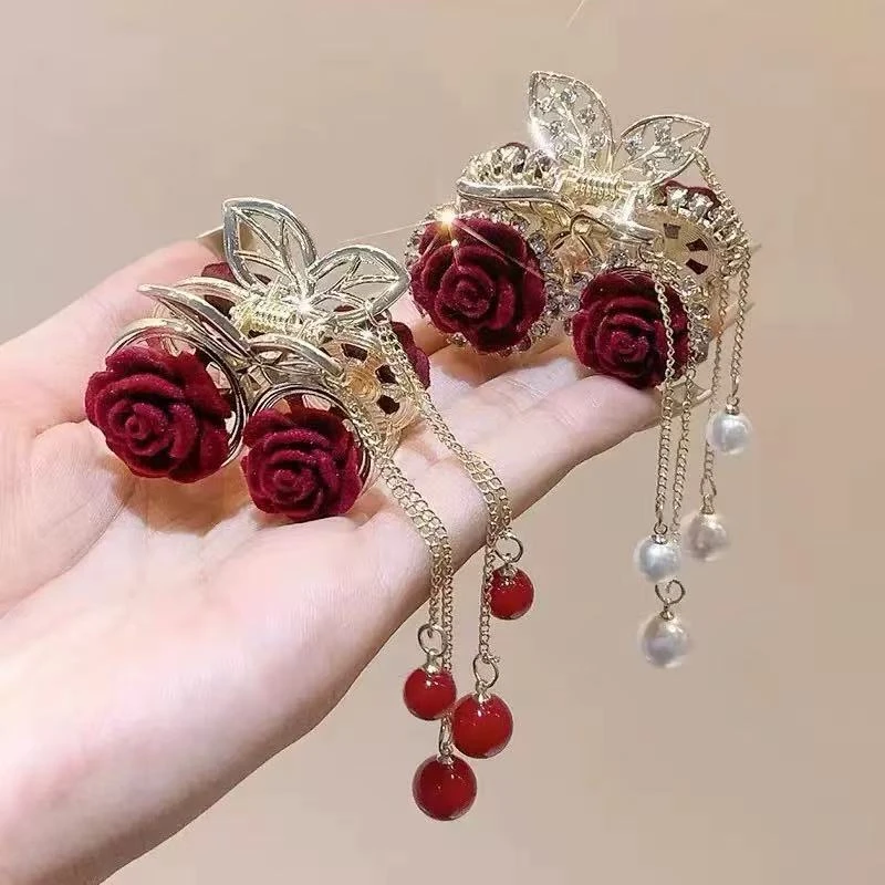 红色植绒玫瑰花抓夹女冬后脑勺半扎发夹子头饰流苏水钻发卡气质