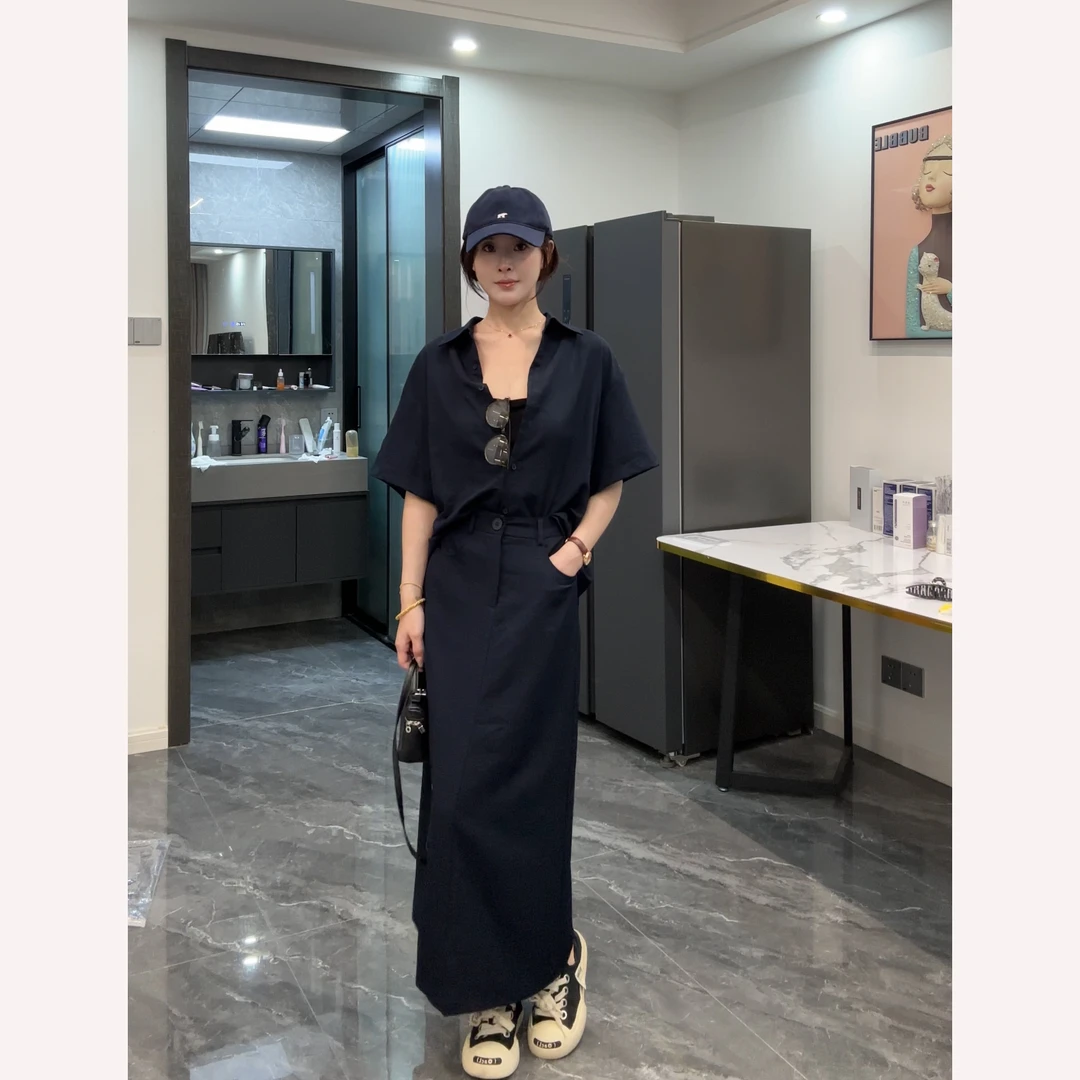 老钱风套装女高级感藏蓝色宽松显瘦短袖衬衫+A字半身裙休闲两件套