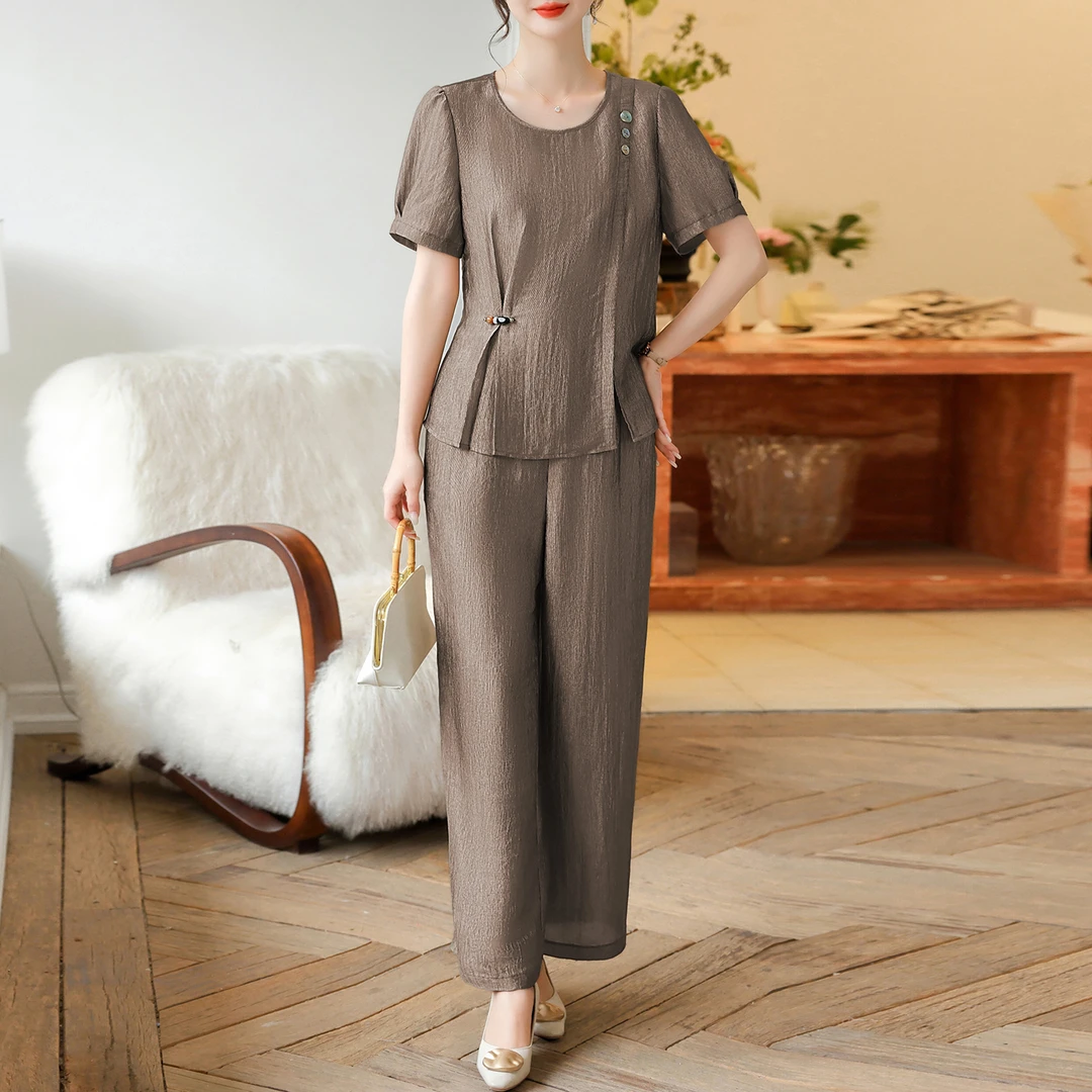 气质妈妈夏装短袖T恤新款中老年女装上衣阔腿裤两件套装