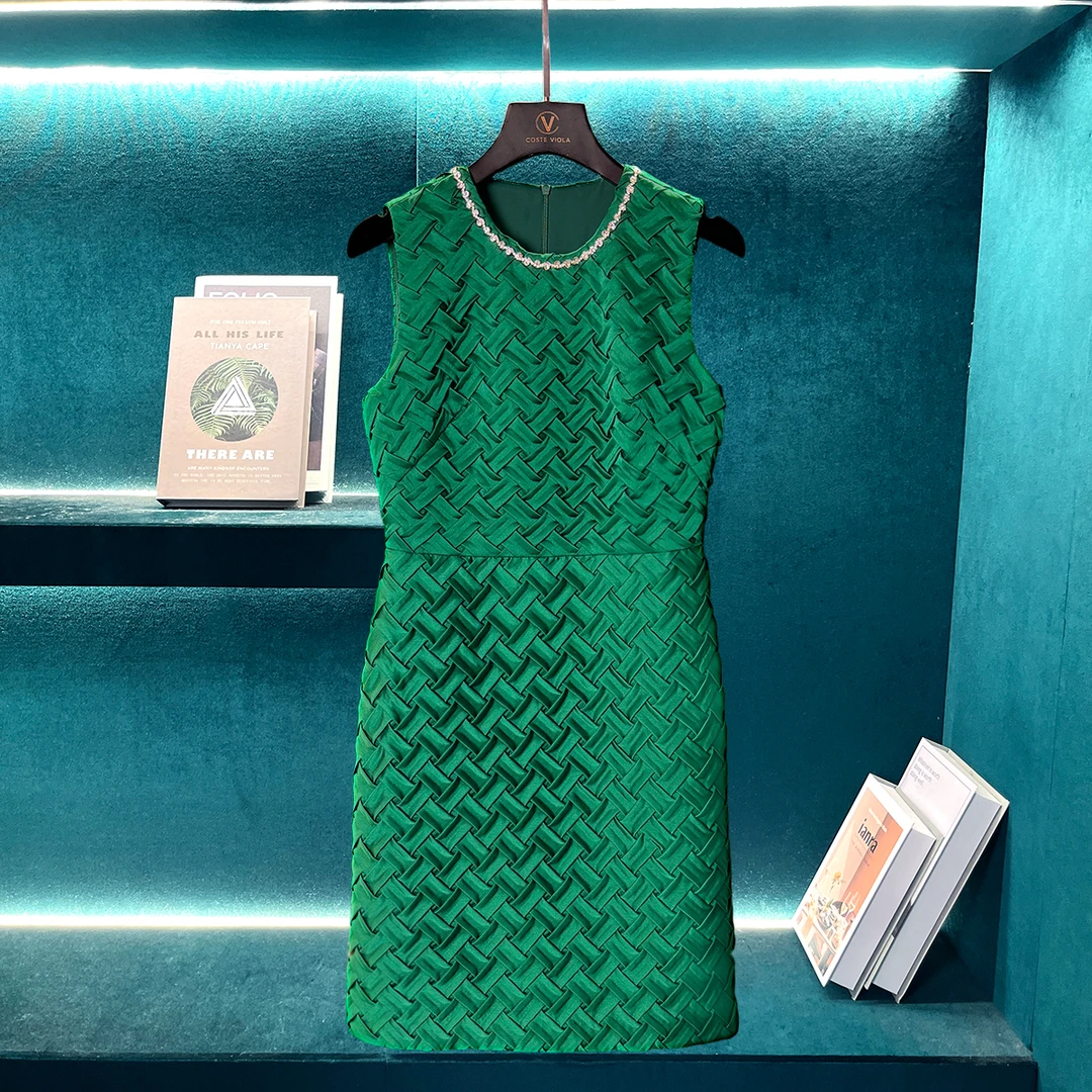 【CENFUN】奢品绿色无袖编织设计收腰连衣裙E001218