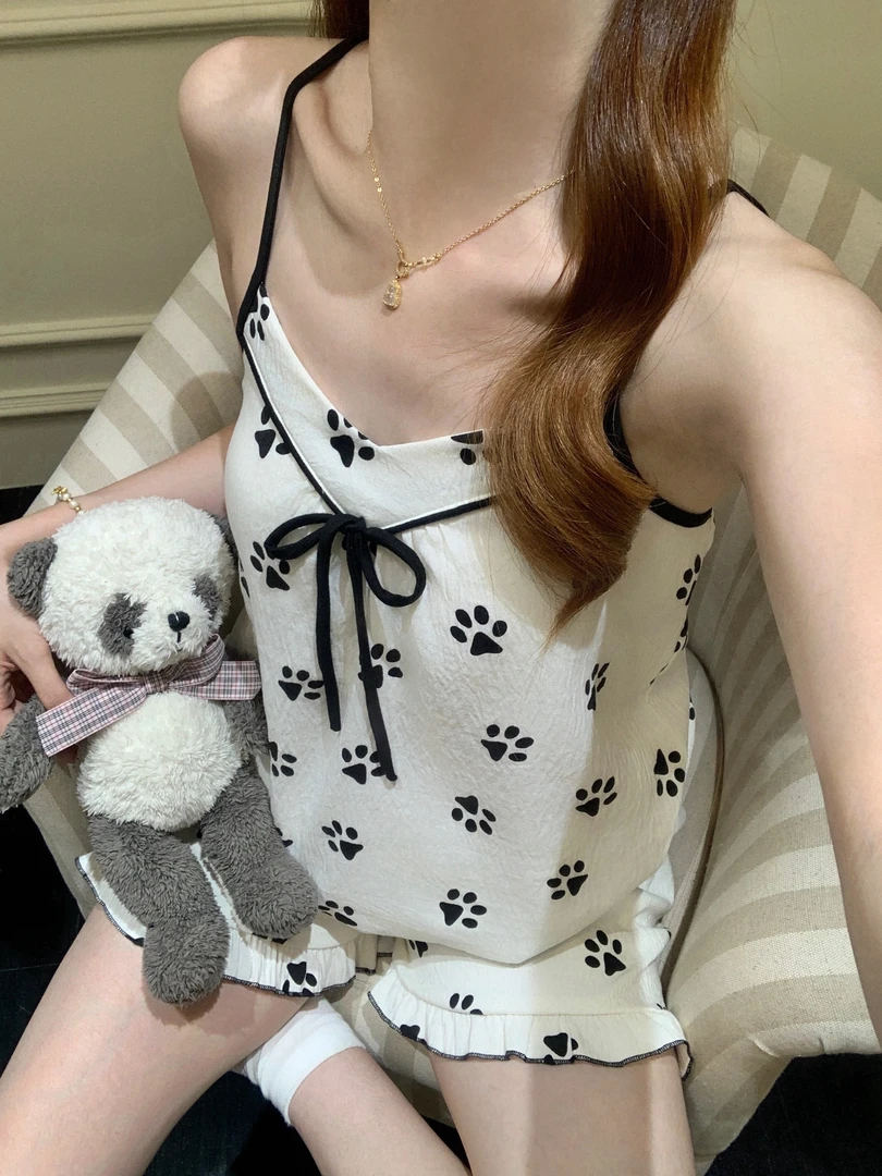 可爱小狗爪印显瘦高级印花吊带睡衣女款夏季带胸垫家居服可外穿