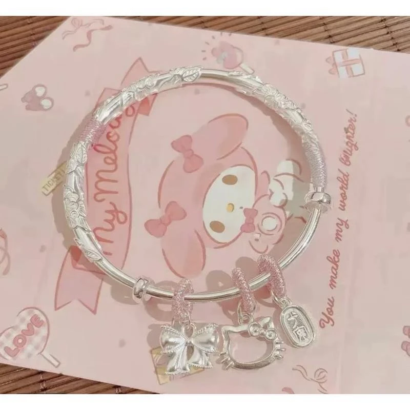 繁花似锦Kitty猫纯银手镯手工编织999足银实心镯子情人节送女友