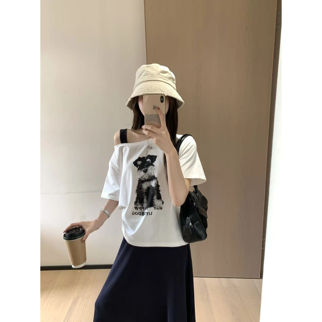 韩11美式辣妹卡通小狗斜肩短袖t恤女宽松慵懒感百搭休闲上衣夏季